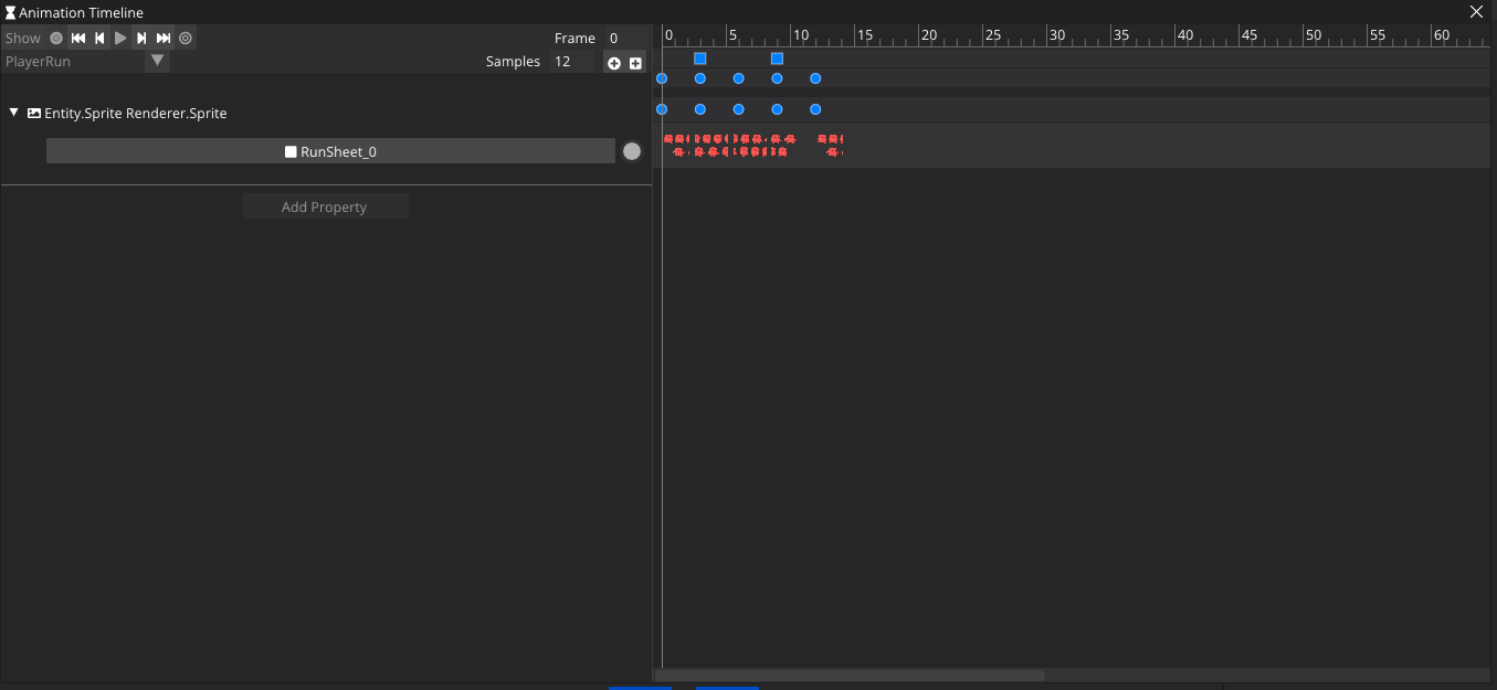 The Animation Timeline panel: transport controls, the frame ruler, samples and the Add Property track list.