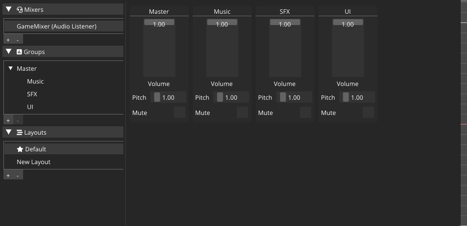The Audio Mixer window with Master, Music and SFX groups.