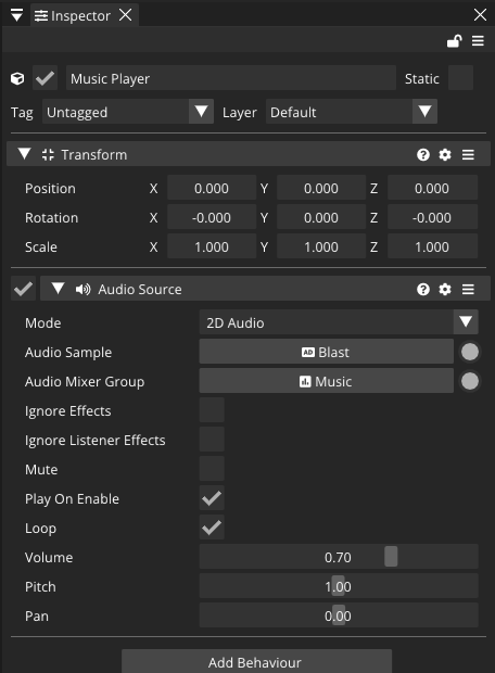 An AudioSource inspector with a clip and mixer group assigned.