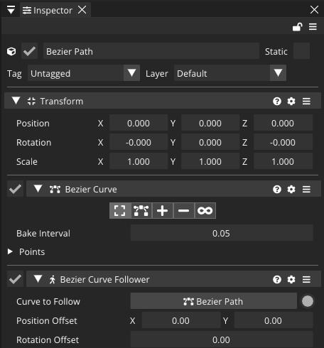 The Bézier Curve and Bézier Curve Follower components in the Inspector.