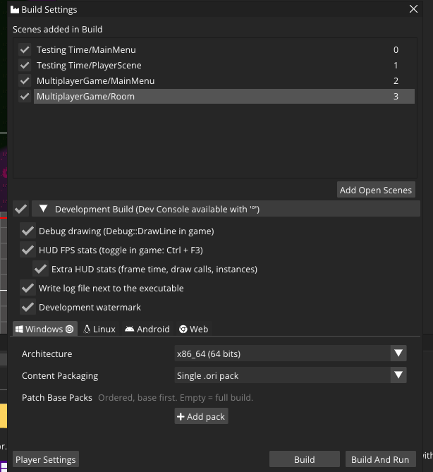 The Build Settings window: the scene list, the Development Build options, platform tabs, Content Packaging and Patch Base Packs.