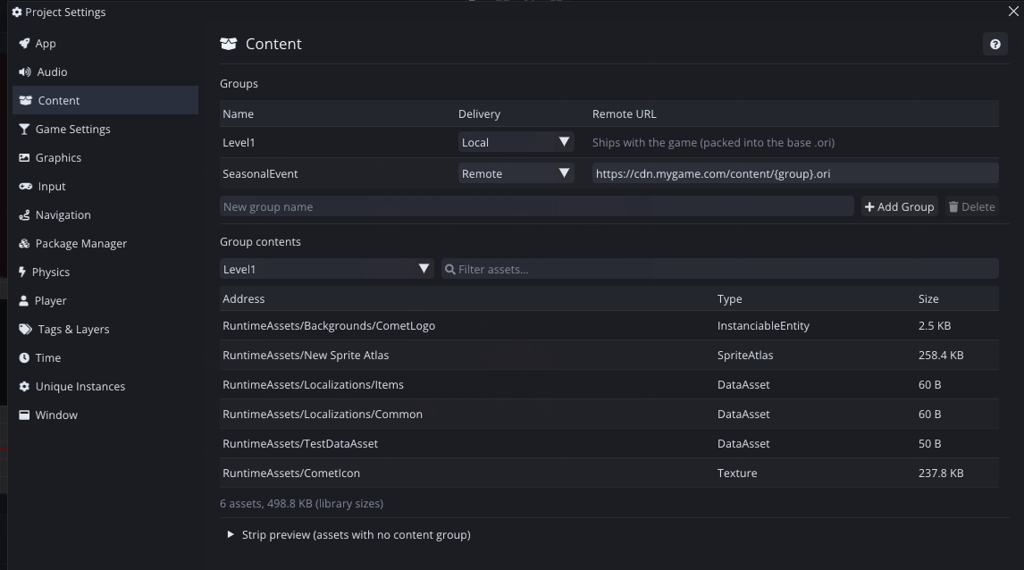 The Content page in Project Settings: the groups table with their delivery, the resolved membership of the selected group, and the strip preview.