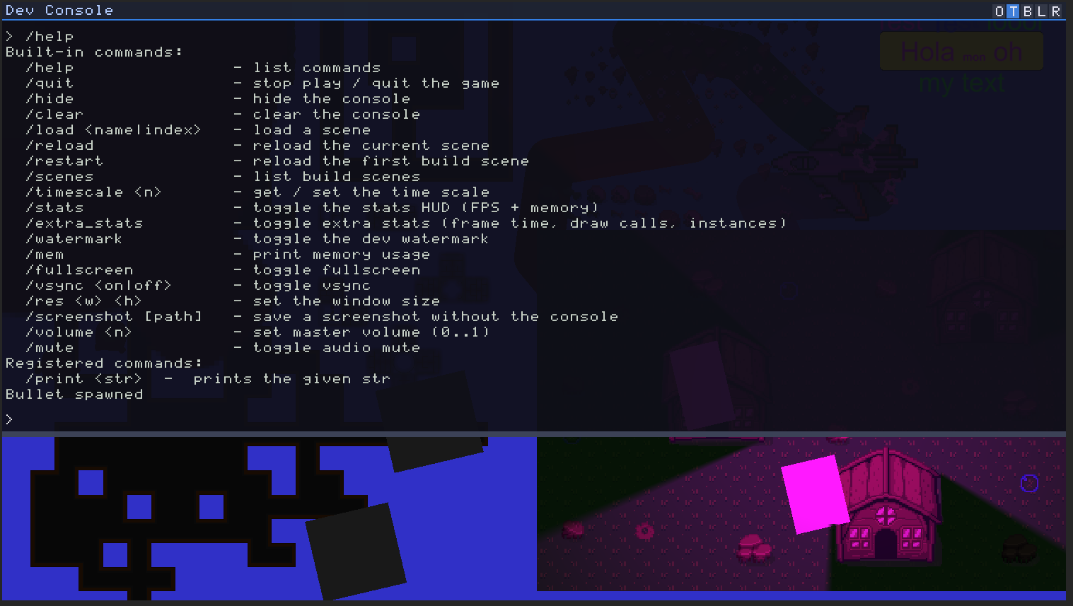 The Comet dev console open over a running game, listing the built-in commands after typing /help.