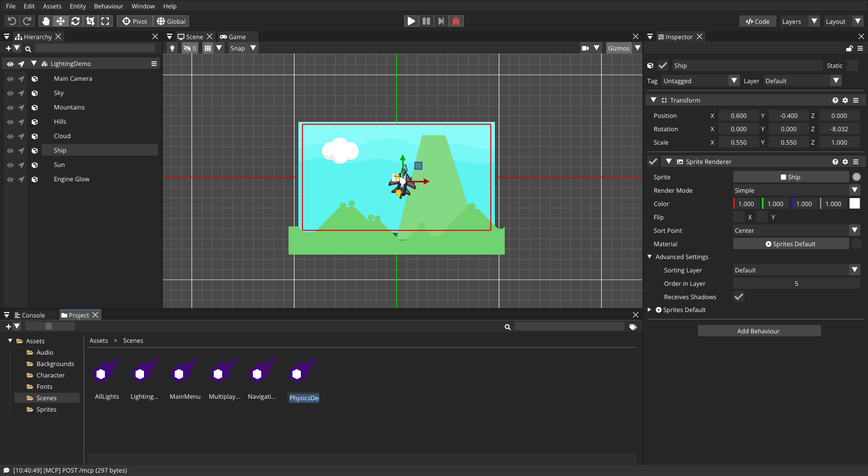 The Comet Engine editor: Scene view, Game view, Hierarchy, Inspector and the Project panel.