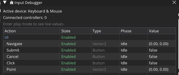 The Input Debugger panel showing live action values in play mode.