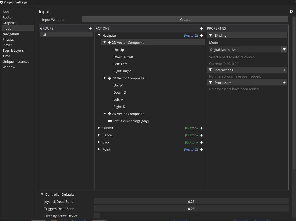 The Input panel in Project Settings, with groups, actions and their bindings.