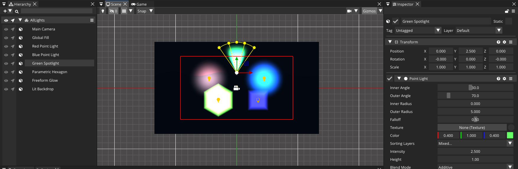 A Point Light on the ship's engine: the radius gizmo in the Scene view, and every light property in the Inspector.