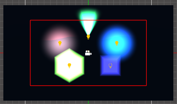 All five light types on a dark backdrop: a green spotlight cone, red and blue point lights, a yellow hexagonal parametric light, and a magenta freeform light.
