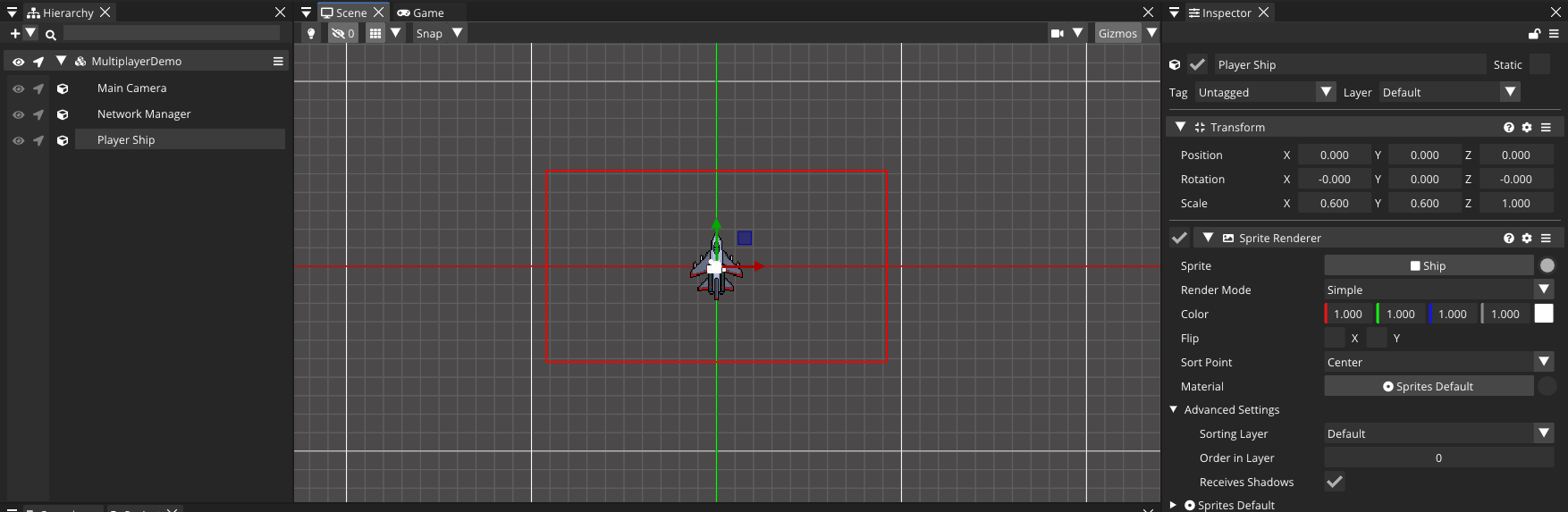 A networked entity: the Multiplayer Synchronizer in the Inspector, ready to replicate its transform to every peer.
