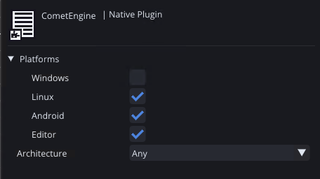 The Native Plugin inspector: the Platforms checkboxes (Windows, Linux, Android, Editor) and the Architecture dropdown.