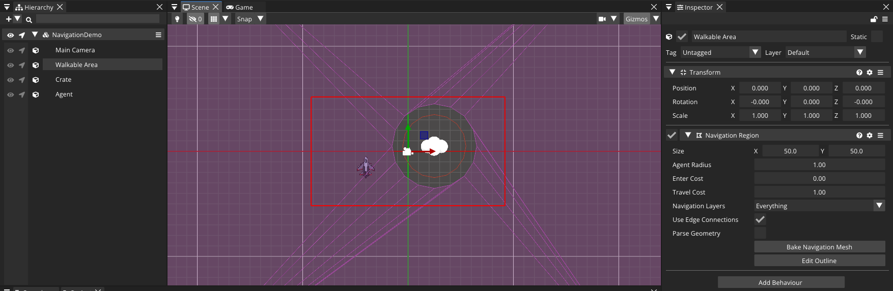 A Navigation Region covering the scene, a Navigation Obstacle ringing the cloud, and the region's settings — including the Bake button — in the Inspector.