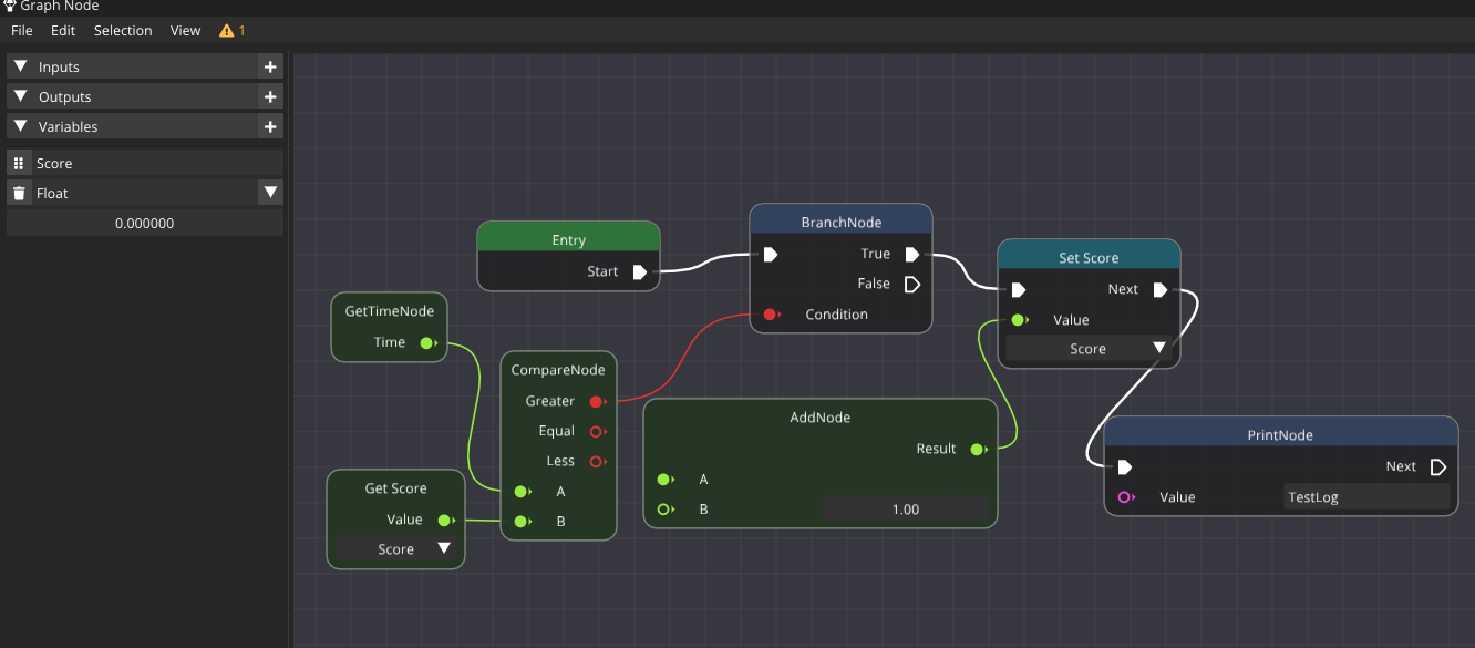 A node graph in the editor: the Entry node flows through a Branch into a Set Score node and a Print, while data wires feed a Compare from Get Time and increment a Score variable through an Add node.