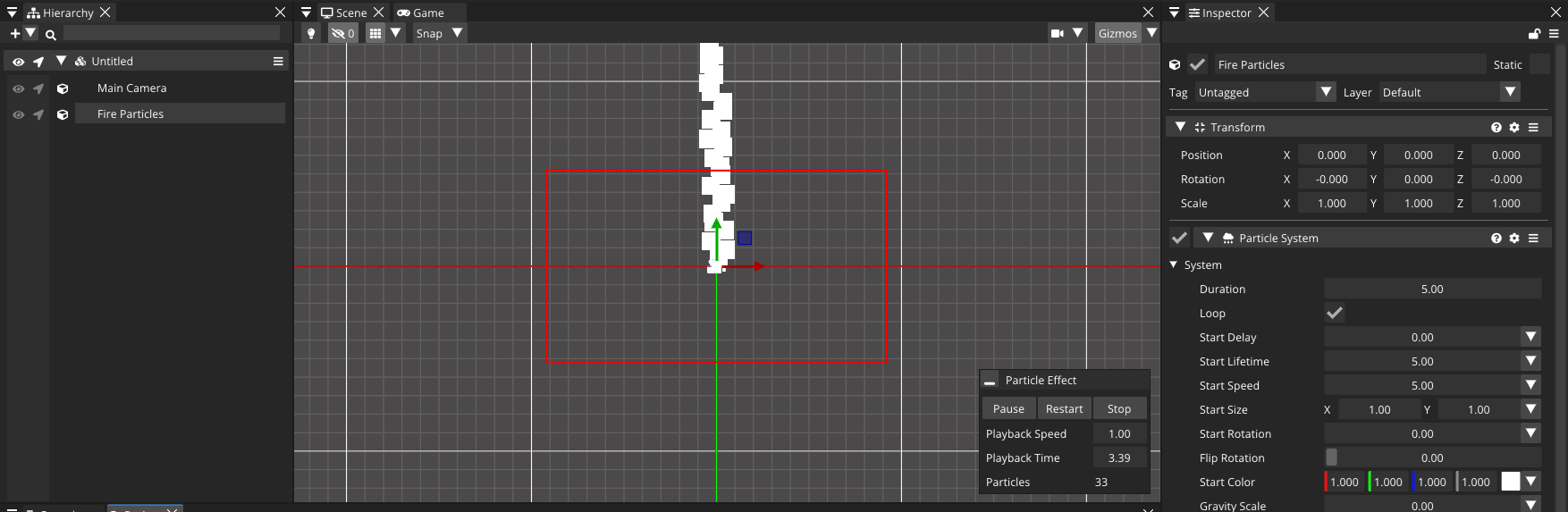 The Particle System playing in the editor with the module inspector and preview controls.