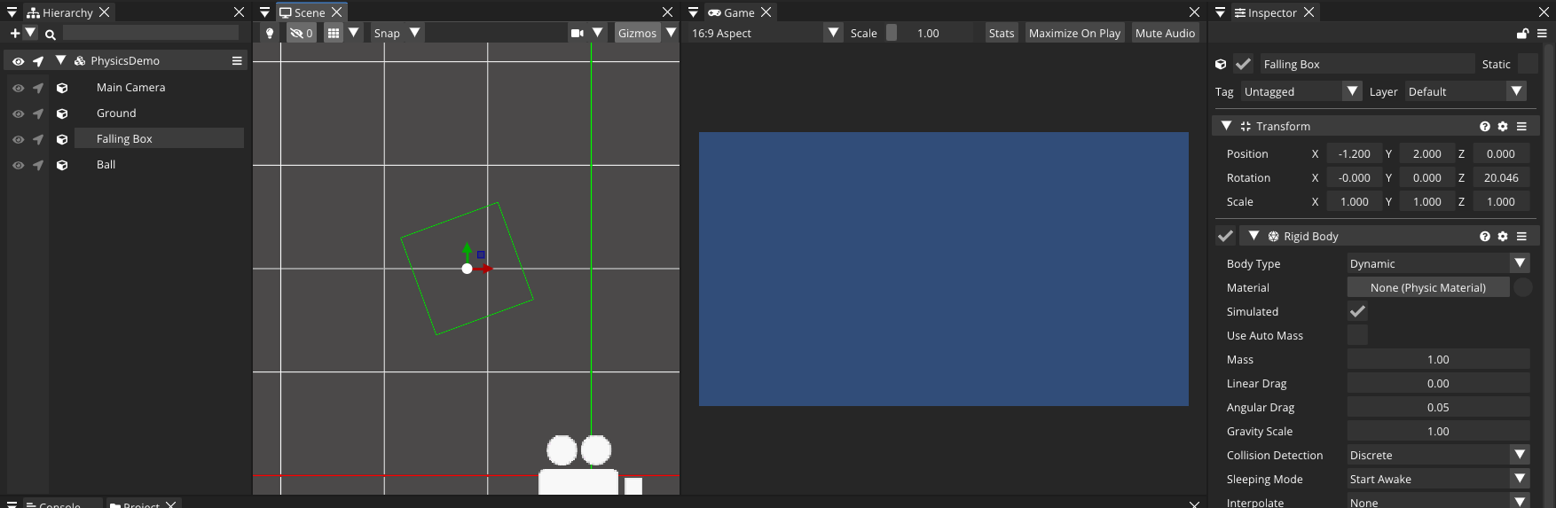 A rigid body with a box collider gizmo, and the Rigid Body inspector.