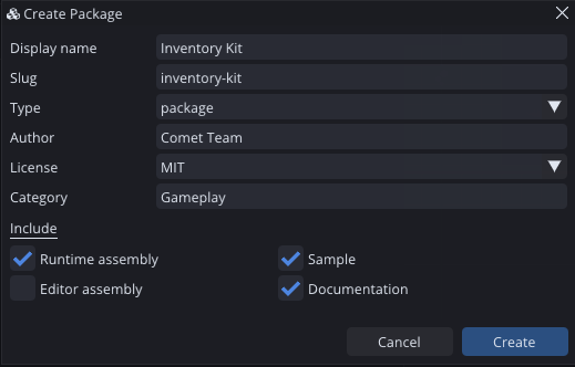 The Create Package wizard: display name, auto-derived slug, type, author, license, category, and the optional skeleton parts.