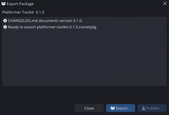 The Export Package dialog: the validation report, and the Close / Export… / Publish… actions.