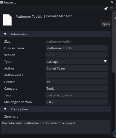 The manifest inspector: the Information, Description, Dependencies, Assemblies and Samples sections of package.cometPackage as an editable form.