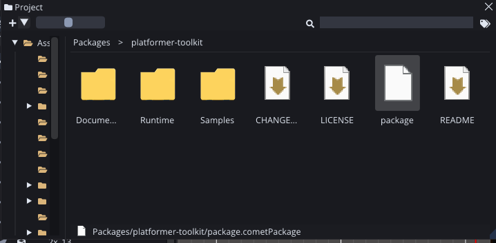 The Project panel browsing Packages ▸ platformer-toolkit: Documentation, Runtime and Samples folders next to the CHANGELOG, LICENSE, README and package manifest files.