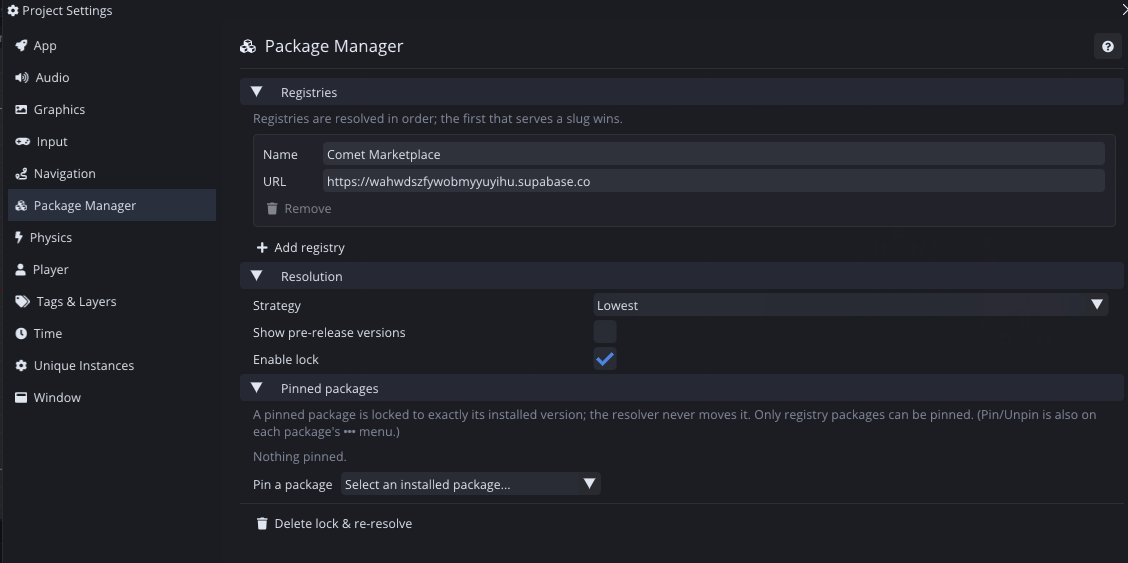 The Packages page in Project Settings: the registries list, resolution strategy, pre-release visibility, lock toggle, pinned packages and the lock reset action.