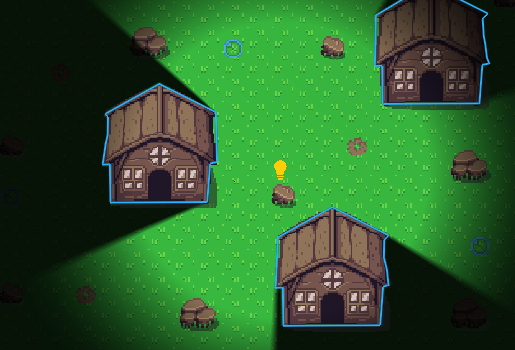 A Point Light casting real-time shadows across a tilemap: the houses block the light and drop shadow wedges over the lit ground.