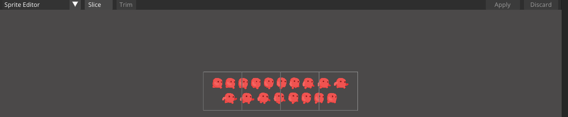 The Sprite Editor slicing a sprite sheet into a grid of sprites.