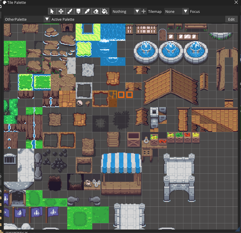 The Tile Palette panel with a sliced spritesheet turned into tiles.