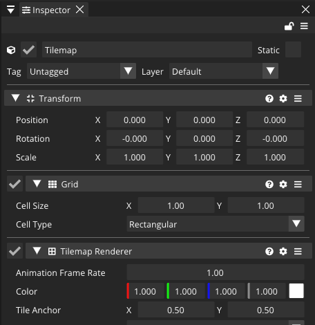 The Grid and Tilemap Renderer components in the Inspector.