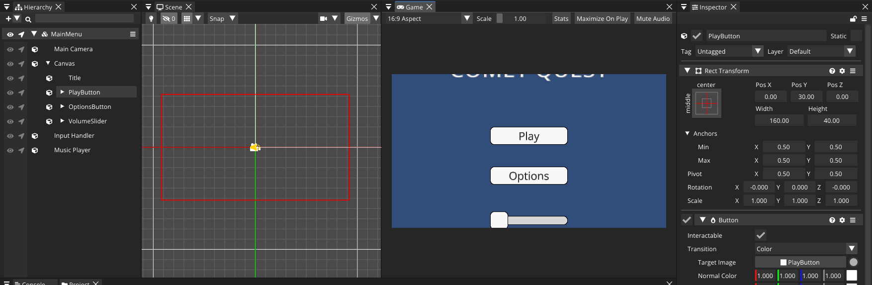 A Canvas with a button selected, showing the RectTransform anchors in the inspector.