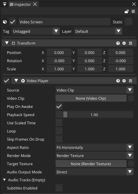 The Video Player inspector with its source, render and audio options.