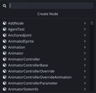 The Create Node palette, listing every reflected type and function in a searchable tree.