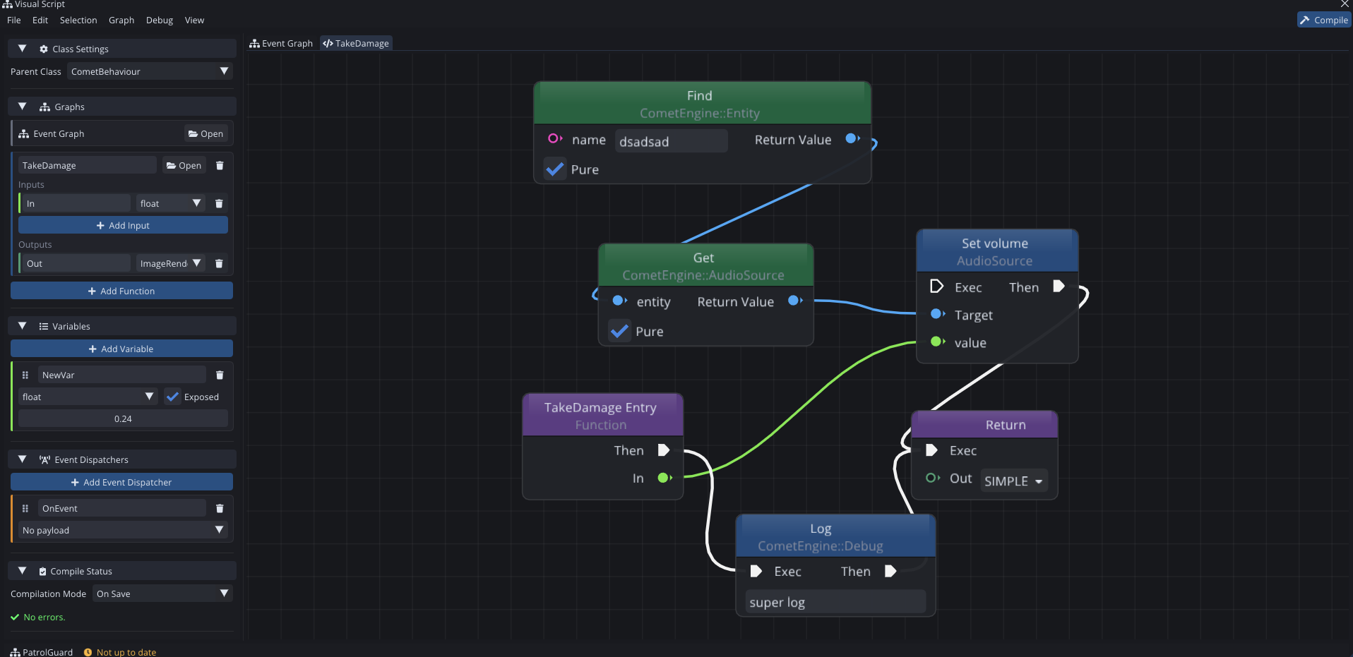A function opened in its own tab — its inputs and output live in the sidebar, and the graph flows from the entry node to the return.